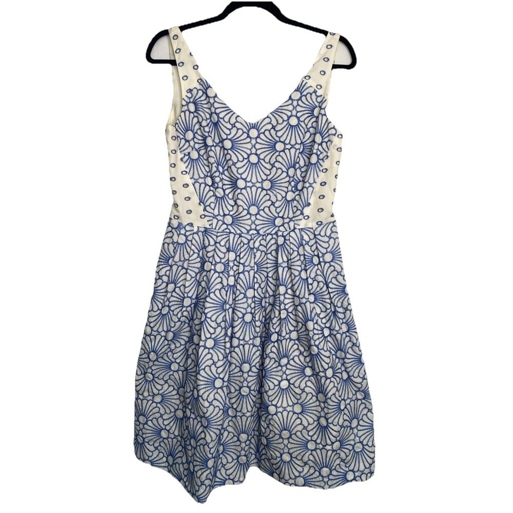 Antonio Melani Dress Sundress Midi Blue‎ White Eyelet Tie Waist Cotton 4